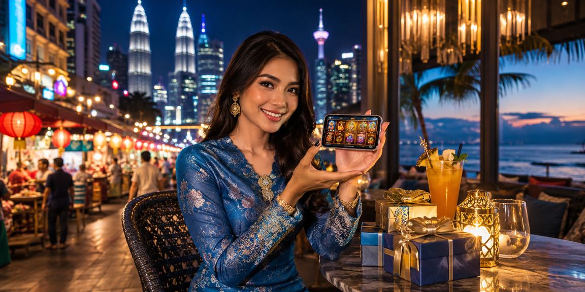 Pemain wanita berbaju kurung menggunakan aplikasi kasino win96 di Kuala Lumpur